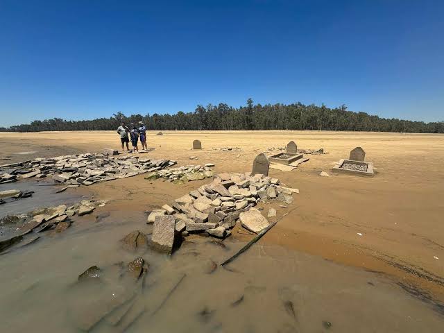 Graves and stone remains exposed by low water levels at the Vaal Dam